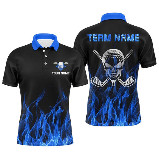Golf Polo Shirts, Black Mens Golf Polo Shirts Custom Blue Flame Skull Golf Clubs For Men, Custom Golf Shirts