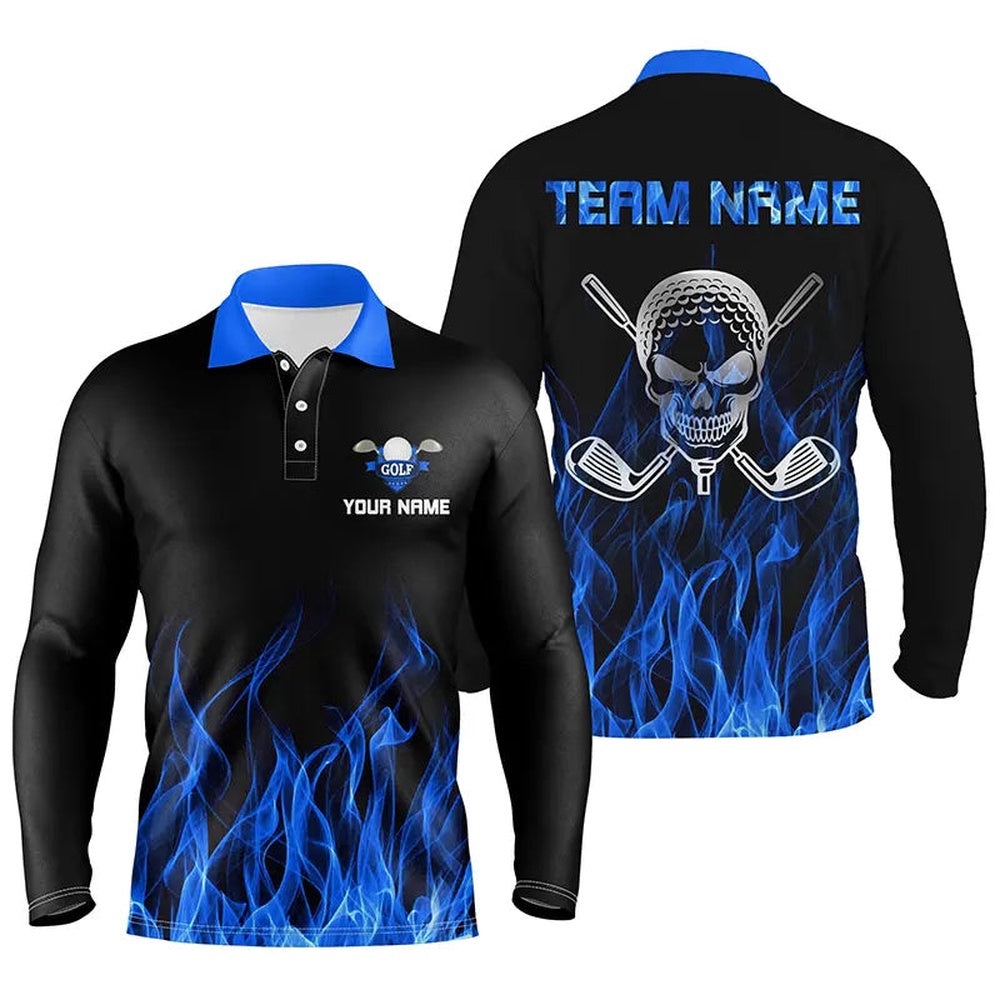 Golf Polo Shirts, Black Mens Golf Polo Shirts Custom Blue Flame Skull Golf Clubs For Men, Custom Golf Shirts