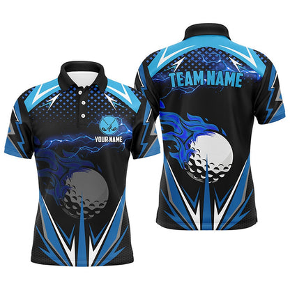 Golf Polo Shirts, Black Mens Golf Polo Shirts Custom Blue Lightning Team Golf Jerseys, Golf Attire For Men, Custom Golf Shirts