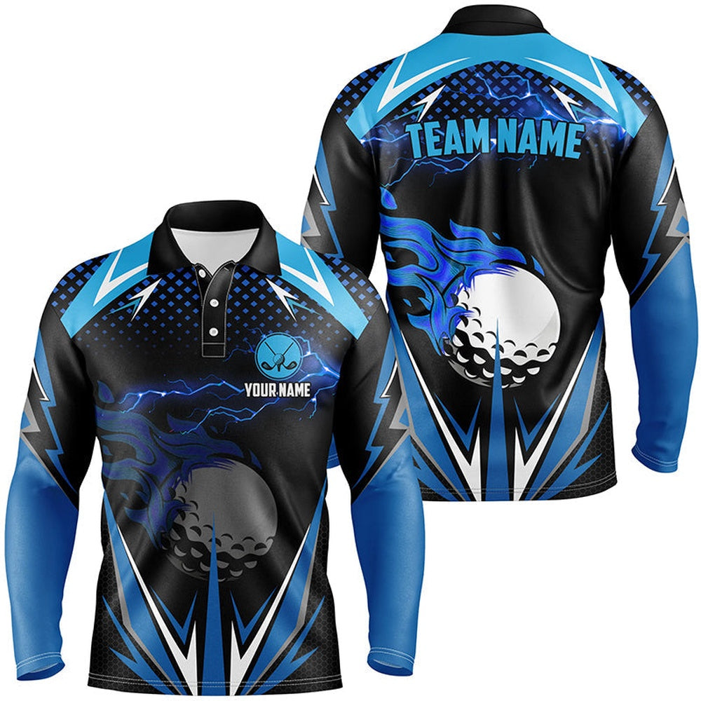 Golf Polo Shirts, Black Mens Golf Polo Shirts Custom Blue Lightning Team Golf Jerseys, Golf Attire For Men, Custom Golf Shirts