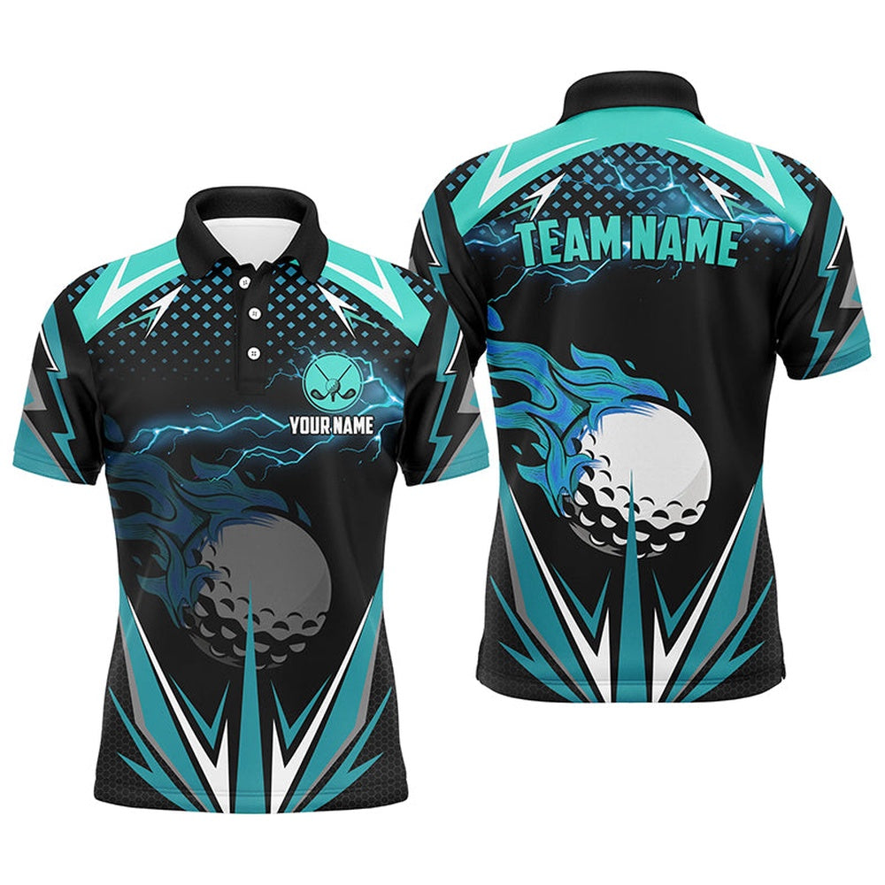 Golf Polo Shirts, Black Mens Golf Polo Shirts Custom Cyan Blue Fire Lightning Team Golf Jerseys, Golf Attire For Men, Custom Golf Shirts