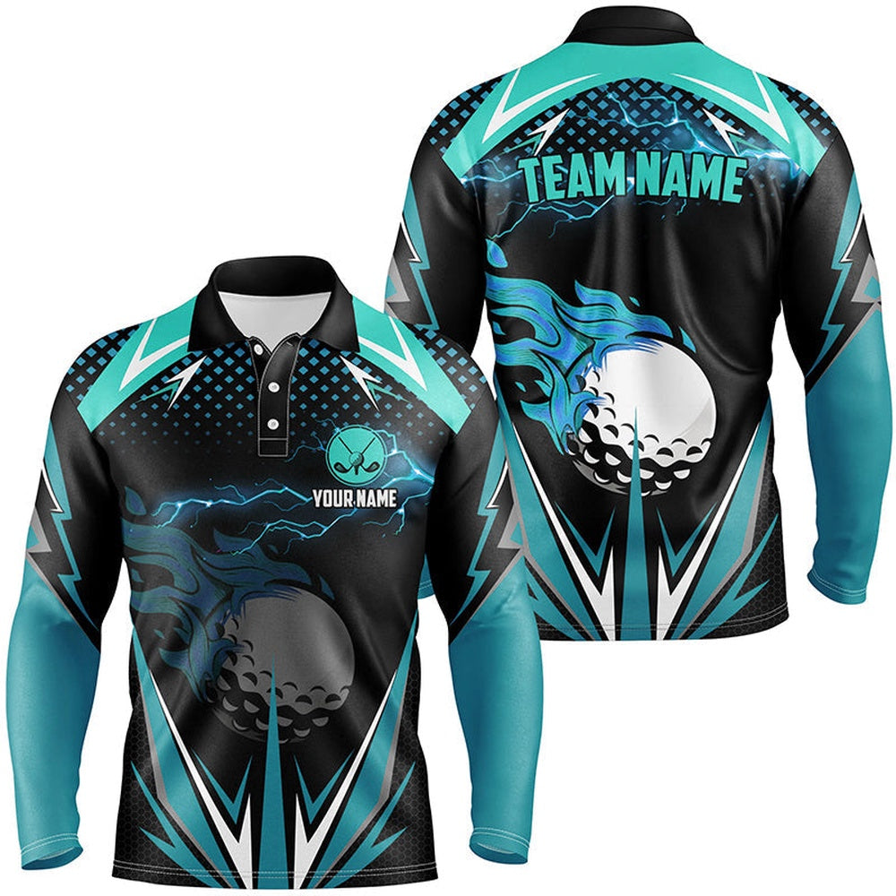 Golf Polo Shirts, Black Mens Golf Polo Shirts Custom Cyan Blue Fire Lightning Team Golf Jerseys, Golf Attire For Men, Custom Golf Shirts