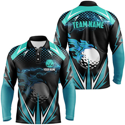 Golf Polo Shirts, Black Mens Golf Polo Shirts Custom Cyan Blue Fire Lightning Team Golf Jerseys, Golf Attire For Men, Custom Golf Shirts