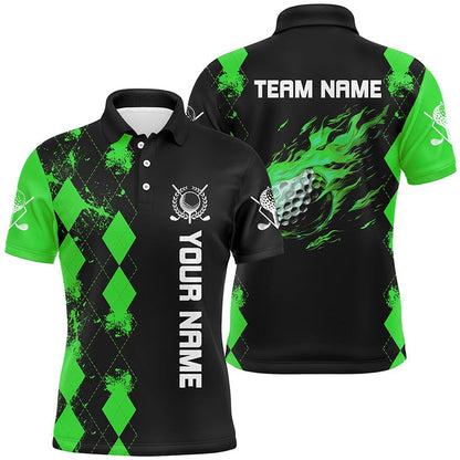 Golf Polo Shirts, Black Mens Golf Polo Shirts Custom Green Argyle Pattern Flame Golf Ball Golf Tops For Mens, Custom Golf Shirts