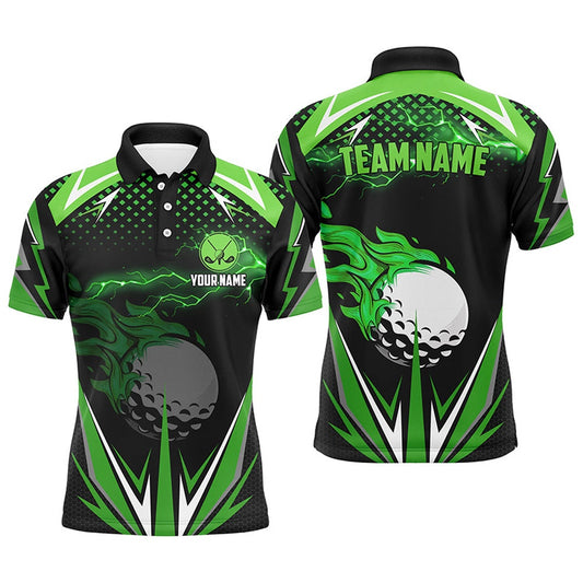 Golf Polo Shirts, Black Mens Golf Polo Shirts Custom Green Fire Lightning Team Golf Jerseys, Golf Attire For Men, Custom Golf Shirts