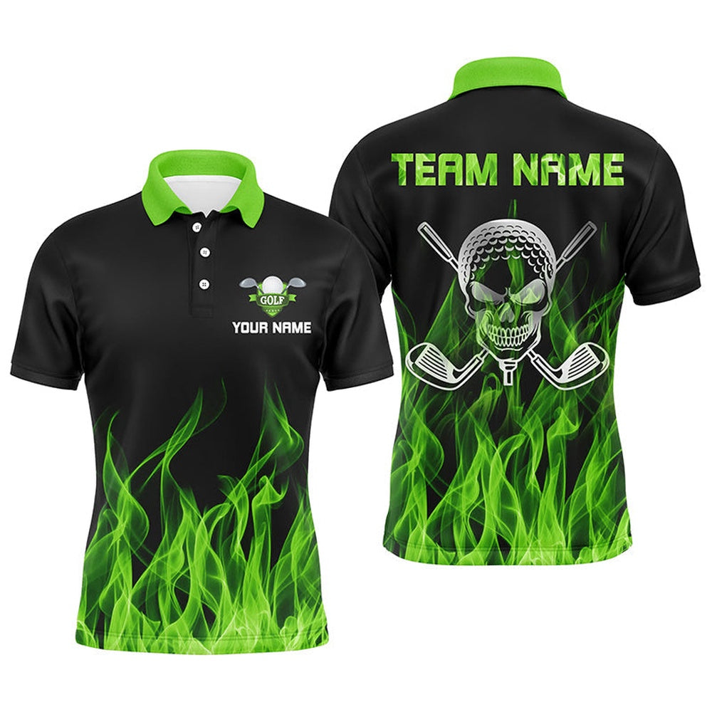 Golf Polo Shirts, Black Mens Golf Polo Shirts Custom Green Flame Skull Golf Clubs For Men, Custom Golf Shirts