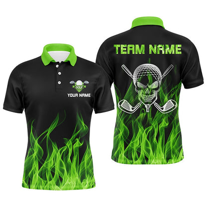 Golf Polo Shirts, Black Mens Golf Polo Shirts Custom Green Flame Skull Golf Clubs For Men, Custom Golf Shirts