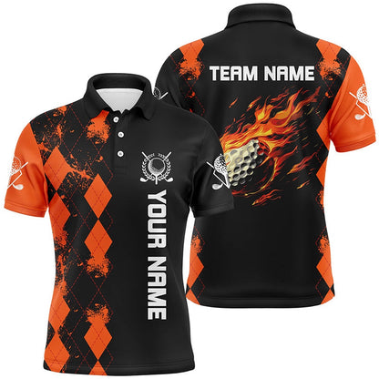 Golf Polo Shirts, Black Mens Golf Polo Shirts Custom Orange Argyle Pattern Flame Golf Ball Golf Tops For Mens, Custom Golf Shirts