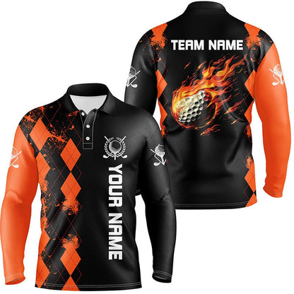 Golf Polo Shirts, Black Mens Golf Polo Shirts Custom Orange Argyle Pattern Flame Golf Ball Golf Tops For Mens, Custom Golf Shirts