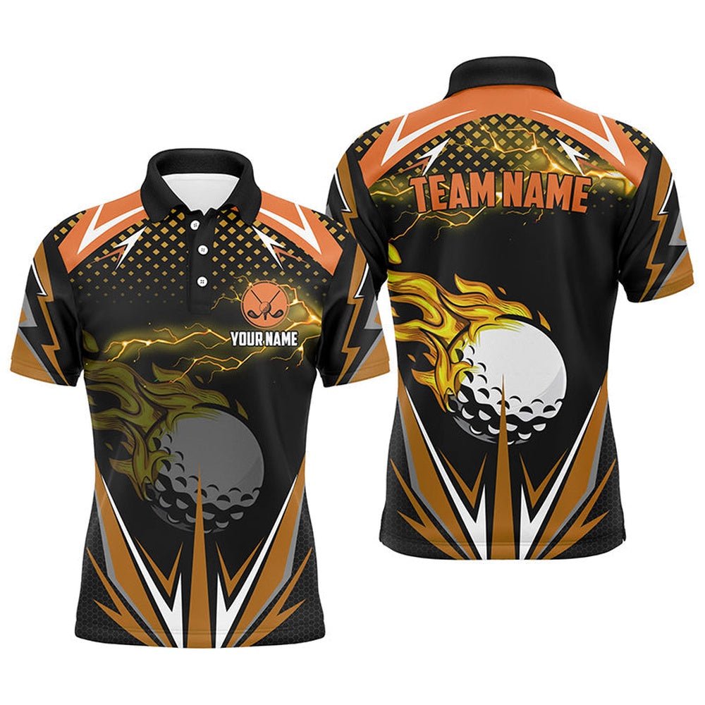 Golf Polo Shirts, Black Mens Golf Polo Shirts Custom Orange Fire Lightning Team Golf Jerseys, Golf Attire For Men, Custom Golf Shirts
