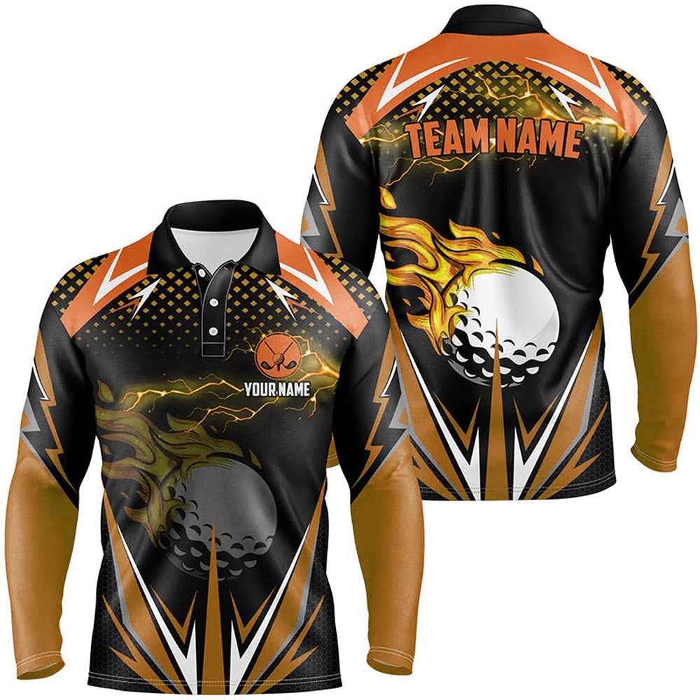 Golf Polo Shirts, Black Mens Golf Polo Shirts Custom Orange Fire Lightning Team Golf Jerseys, Golf Attire For Men, Custom Golf Shirts