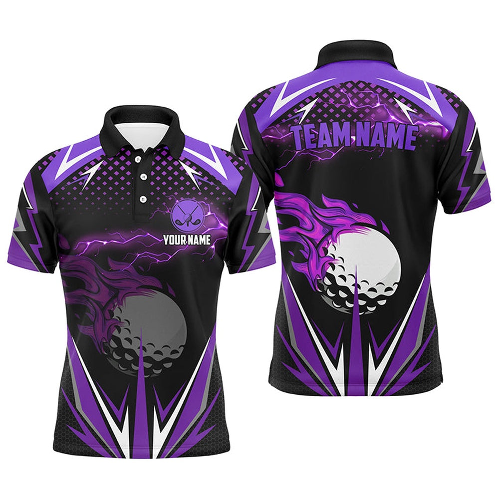 Golf Polo Shirts, Black Mens Golf Polo Shirts Custom Purple Fire Lightning Team Golf Jerseys, Golf Attire For Men, Custom Golf Shirts