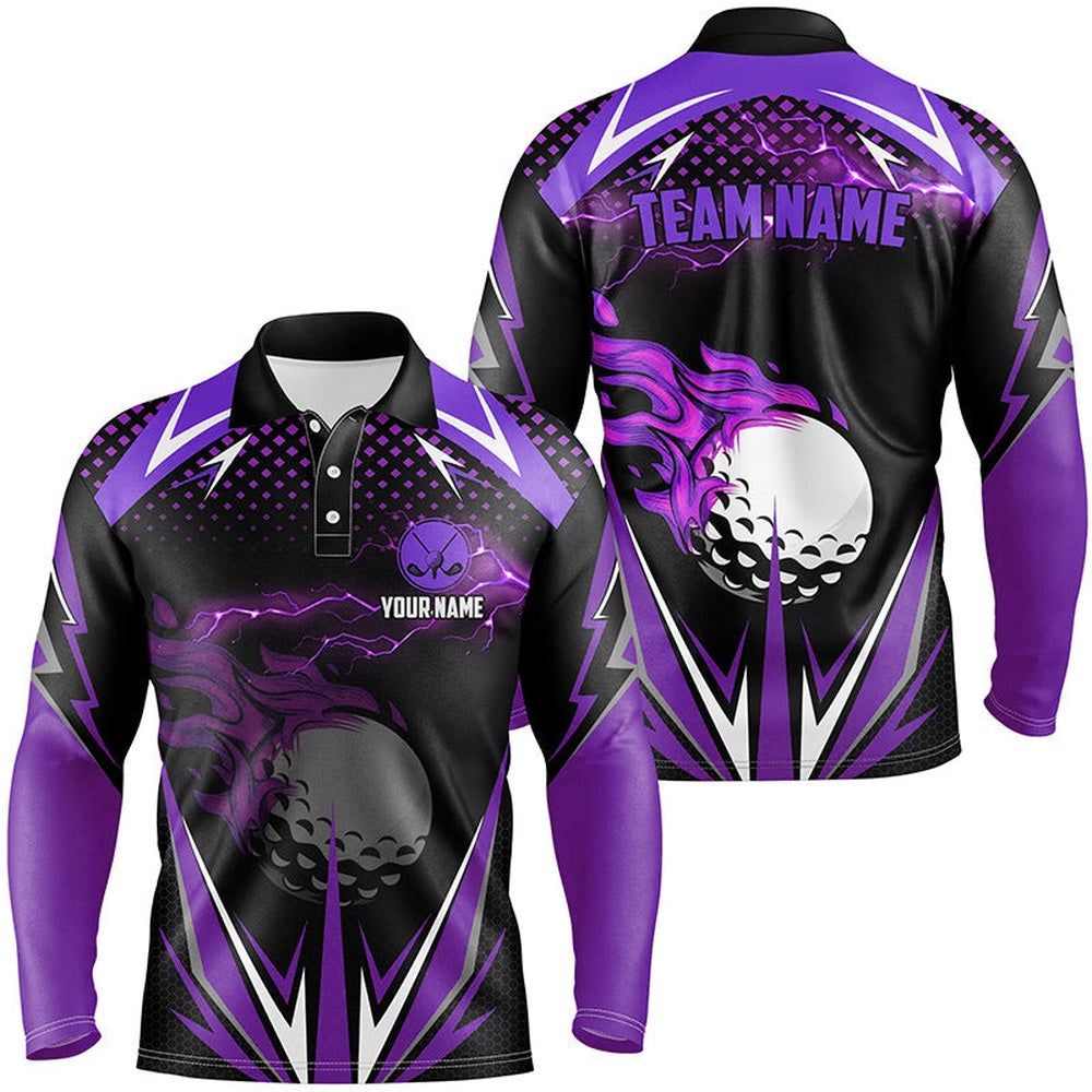 Golf Polo Shirts, Black Mens Golf Polo Shirts Custom Purple Fire Lightning Team Golf Jerseys, Golf Attire For Men, Custom Golf Shirts