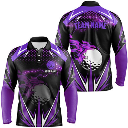 Golf Polo Shirts, Black Mens Golf Polo Shirts Custom Purple Fire Lightning Team Golf Jerseys, Golf Attire For Men, Custom Golf Shirts