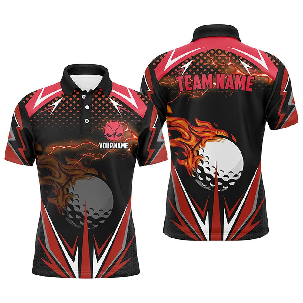 Golf Polo Shirts, Black Mens Golf Polo Shirts Custom Red Fire Lightning Team Golf Jerseys, Golf Attire For Men, Custom Golf Shirts