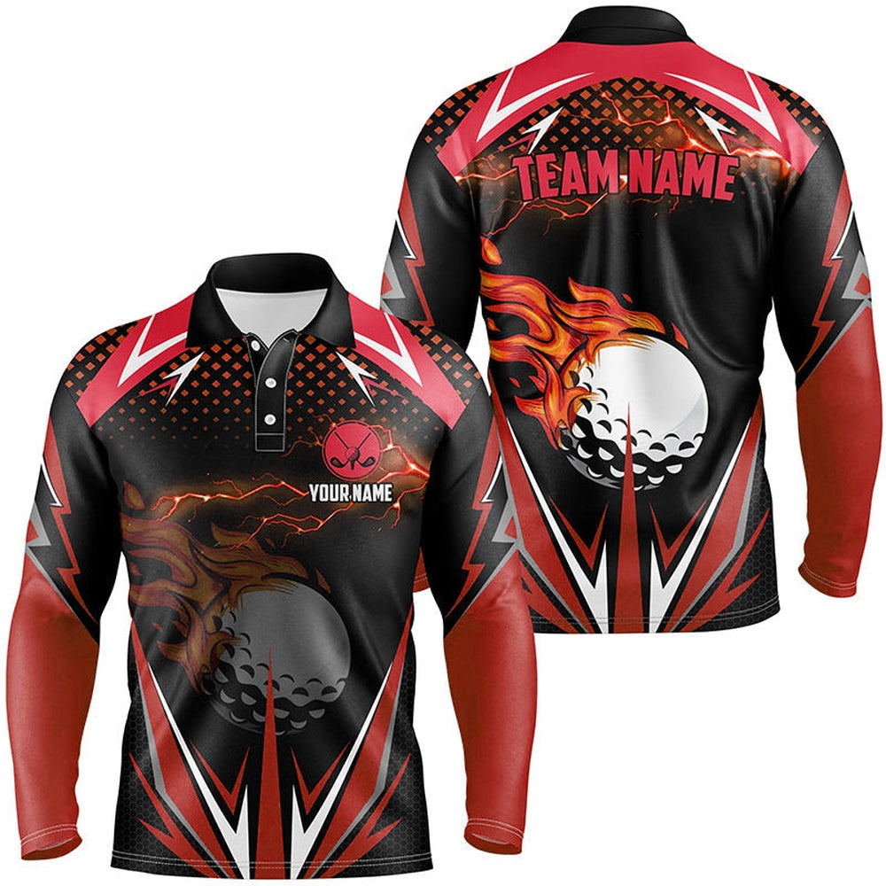 Golf Polo Shirts, Black Mens Golf Polo Shirts Custom Red Fire Lightning Team Golf Jerseys, Golf Attire For Men, Custom Golf Shirts