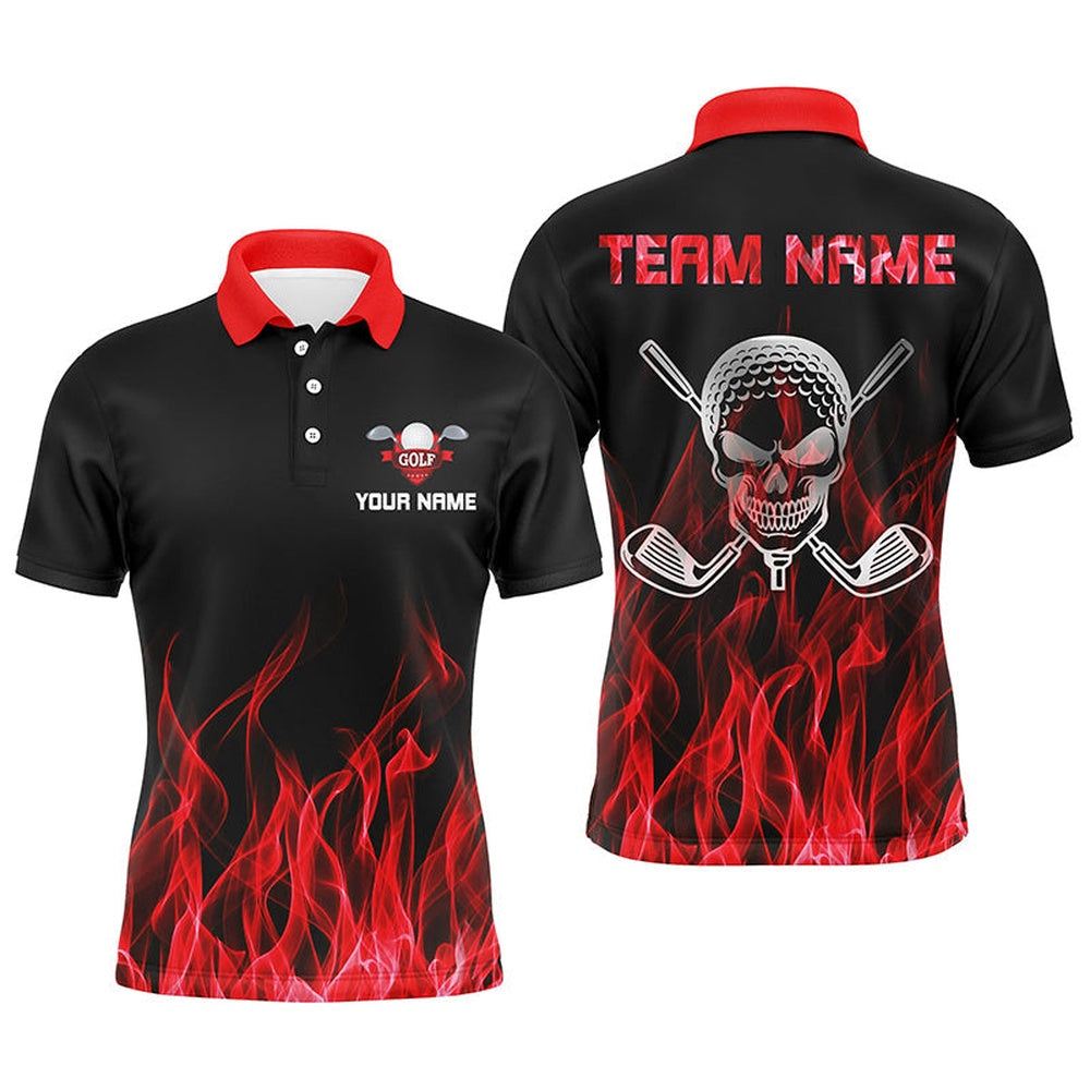 Golf Polo Shirts, Black Mens Golf Polo Shirts Custom Red Flame Skull Golf Clubs For Men, Custom Golf Shirts