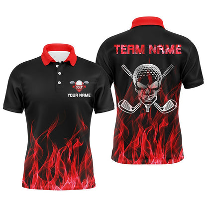 Golf Polo Shirts, Black Mens Golf Polo Shirts Custom Red Flame Skull Golf Clubs For Men, Custom Golf Shirts