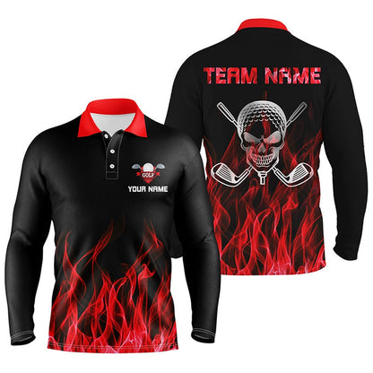 Golf Polo Shirts, Black Mens Golf Polo Shirts Custom Red Flame Skull Golf Clubs For Men, Custom Golf Shirts