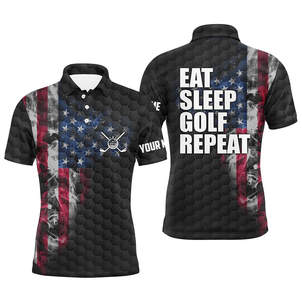 Golf Polo Shirts, Black Mens Golf Polo Shirts Custom Smoke American Flag Eat Sleep Golf Repeat, Patriotic Golf Shirts, Custom Golf Shirts