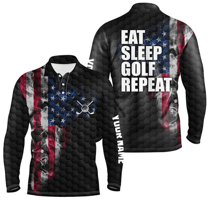Golf Polo Shirts, Black Mens Golf Polo Shirts Custom Smoke American Flag Eat Sleep Golf Repeat, Patriotic Golf Shirts, Custom Golf Shirts