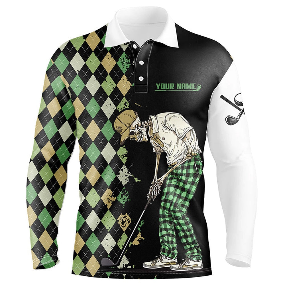Golf Polo Shirts, Black Mens Golf Polo Shirts Green Argyle Pattern Custom Golf Skull Team Golf Shirts For Men, Custom Golf Shirts