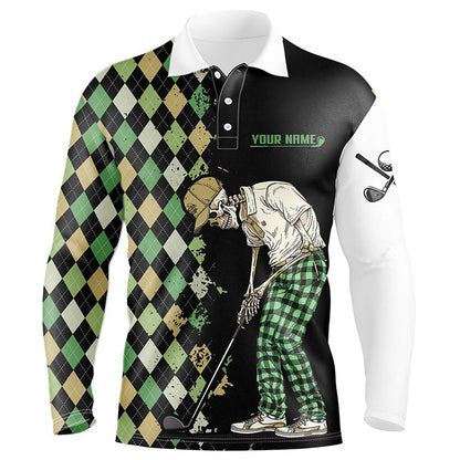 Golf Polo Shirts, Black Mens Golf Polo Shirts Green Argyle Pattern Custom Golf Skull Team Golf Shirts For Men, Custom Golf Shirts