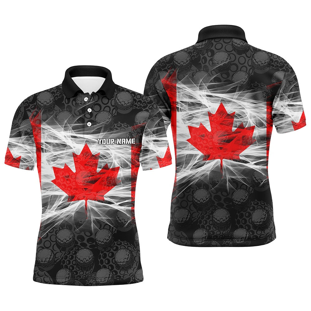 Golf Polo Shirts, Black Mens Golf Polo Shirts Red Canada Leaf Custom Patriotic Canadian Flag Golf Shirts For Men, Custom Golf Shirts