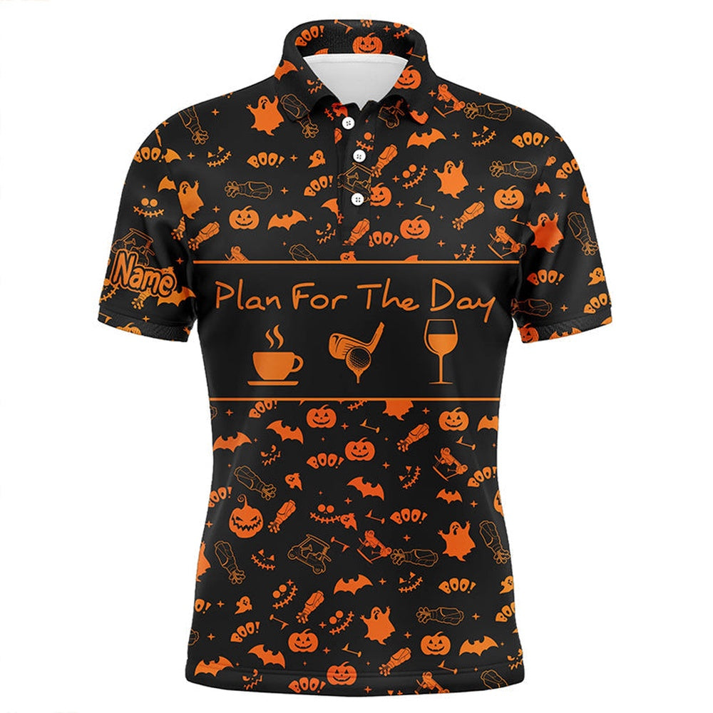 Golf Polo Shirts, Black Orange Halloween Background Custom Mens Golf Polo Shirts Plan For The Day Coffee Golf Wine, Custom Golf Shirts