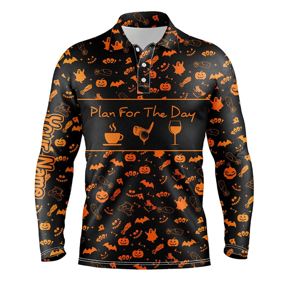 Golf Polo Shirts, Black Orange Halloween Background Custom Mens Golf Polo Shirts Plan For The Day Coffee Golf Wine, Custom Golf Shirts
