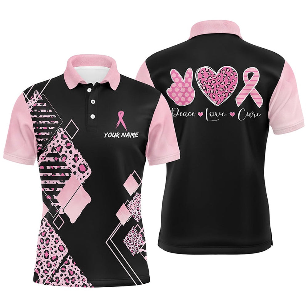 Golf Polo Shirts, Black & Pink Leopard Pattern Mens Golf Polo Shirts Breast Cancer Pink Ribbon Golf Shirts For Men, Custom Golf Shirts