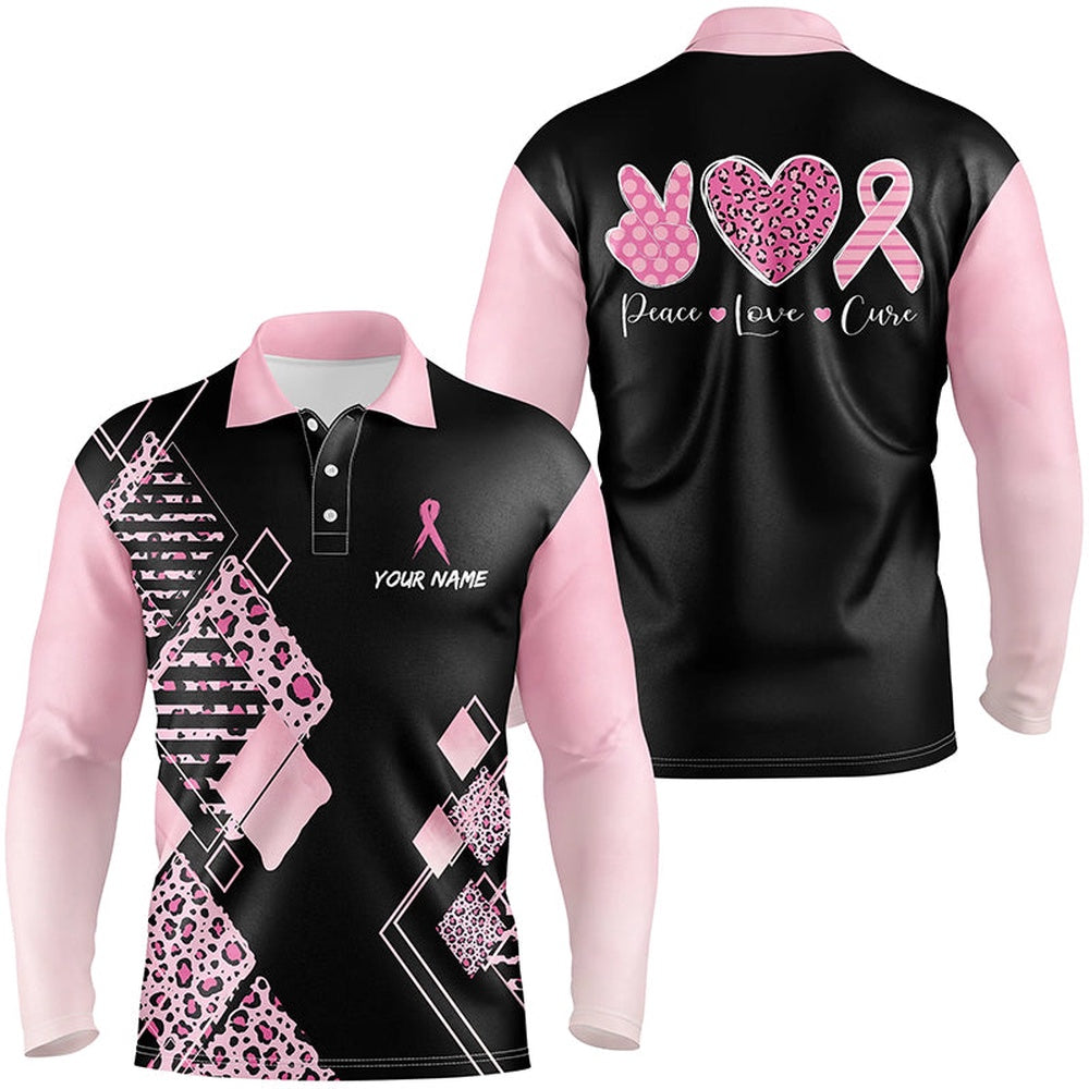 Golf Polo Shirts, Black & Pink Leopard Pattern Mens Golf Polo Shirts Breast Cancer Pink Ribbon Golf Shirts For Men, Custom Golf Shirts