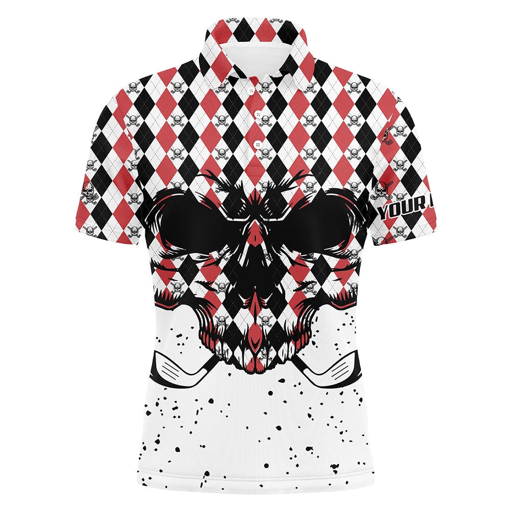 Golf Polo Shirts, Black Red Agryle Pattern Mens Golf Polo Shirts Custom Golf Skull Clubs Golf Attire For Mens, Custom Golf Shirts