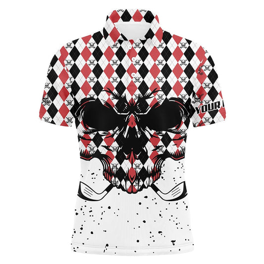 Golf Polo Shirts, Black Red Agryle Pattern Mens Golf Polo Shirts Custom Golf Skull Clubs Golf Attire For Mens, Custom Golf Shirts