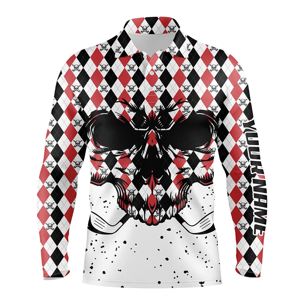 Golf Polo Shirts, Black Red Agryle Pattern Mens Golf Polo Shirts Custom Golf Skull Clubs Golf Attire For Mens, Custom Golf Shirts