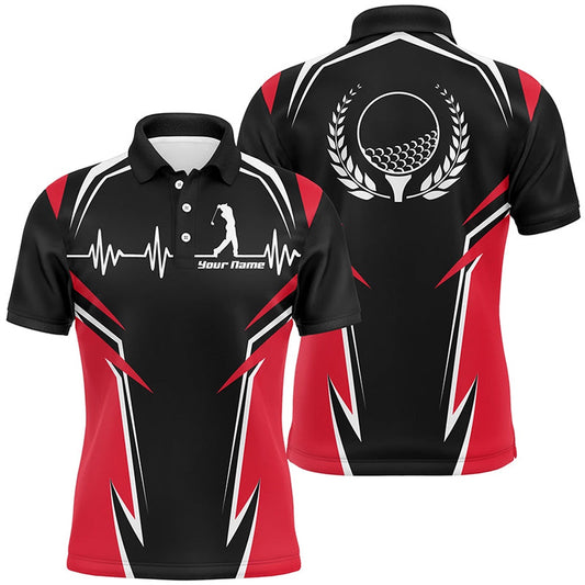 Golf Polo Shirts, Black Red Mens Golf Polo Shirts, Personalized Heartbeat Golf Shirts For Men, Custom Golf Shirts