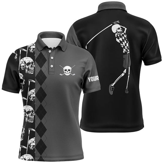 Golf Polo Shirts, Black Skull Argyle Pattern Custom Mens Golf Polo Shirts, Best Men'S Golf Wear, Custom Golf Shirts