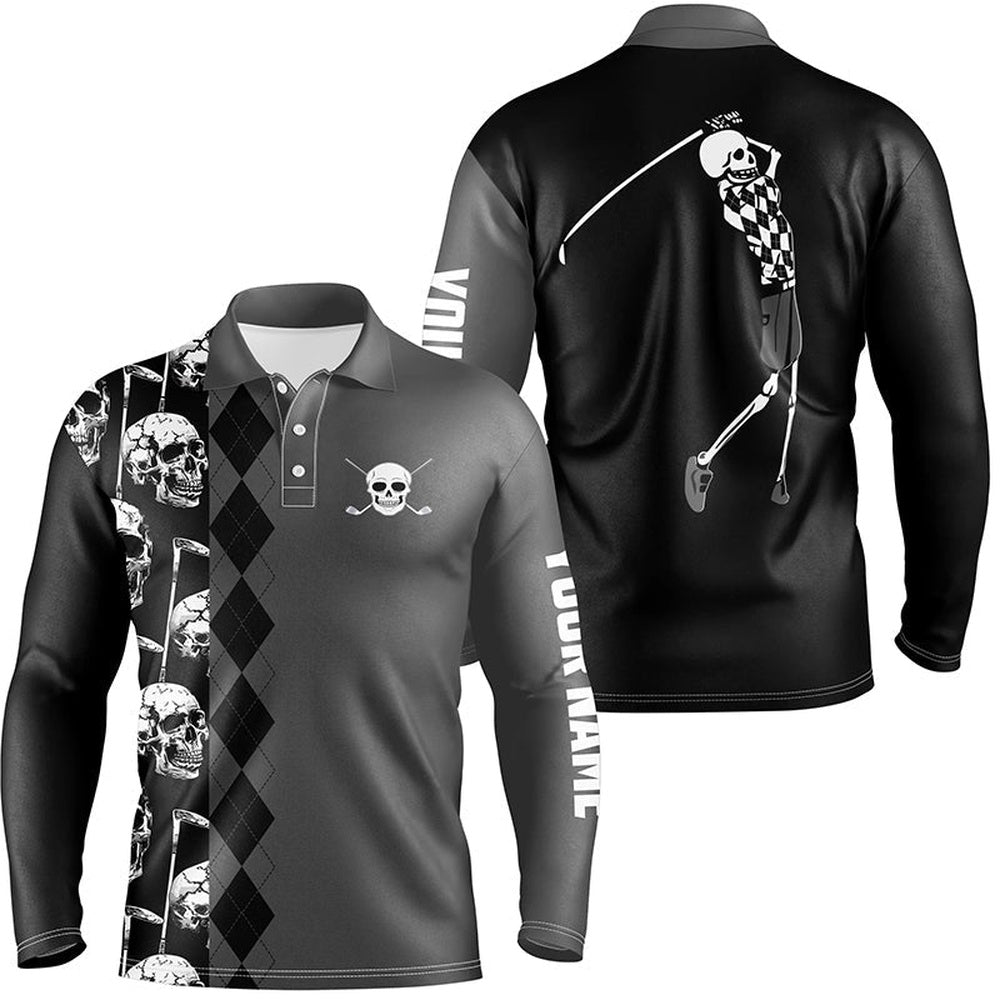 Golf Polo Shirts, Black Skull Argyle Pattern Custom Mens Golf Polo Shirts, Best Men'S Golf Wear, Custom Golf Shirts