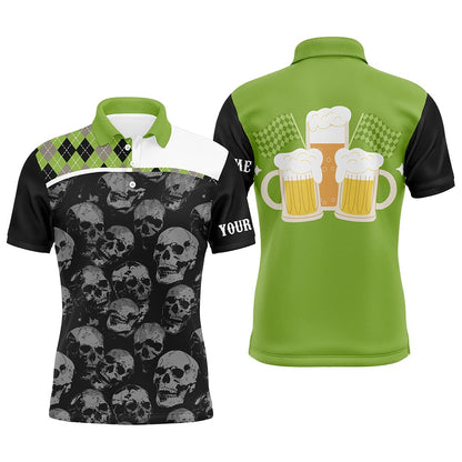 Golf Polo Shirts, Black Skull Argyle Plaid Pattern Mens Golf Polo Shirts Custom Team Beer Golf Top For Men Green, Custom Golf Shirts