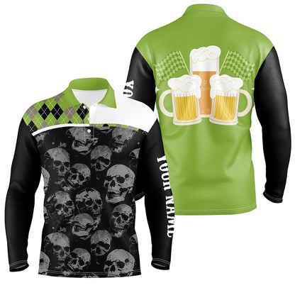 Golf Polo Shirts, Black Skull Argyle Plaid Pattern Mens Golf Polo Shirts Custom Team Beer Golf Top For Men Green, Custom Golf Shirts