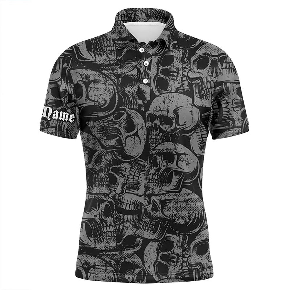 Golf Polo Shirts, Black Skull Pattern Mens Golf Polo Shirt Custom Cool Golf Shirts For Men, Best Golf Gifts, Custom Golf Shirts