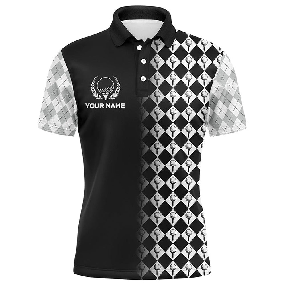 Golf Polo Shirts, Black & White Argyle Pattern Golf Shirts For Men Customized Cool Golf Gifts For Golf Lovers, Custom Golf Shirts