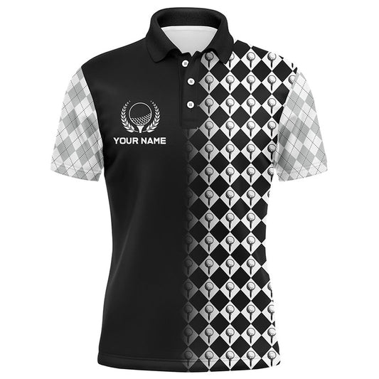 Golf Polo Shirts, Black & White Argyle Pattern Golf Shirts For Men Customized Cool Golf Gifts For Golf Lovers, Custom Golf Shirts