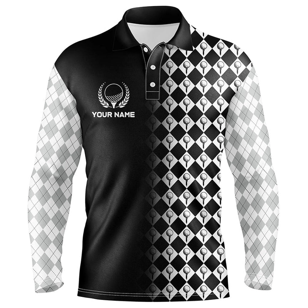 Golf Polo Shirts, Black & White Argyle Pattern Golf Shirts For Men Customized Cool Golf Gifts For Golf Lovers, Custom Golf Shirts