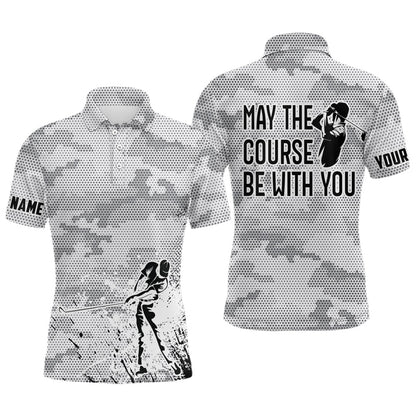 Golf Polo Shirts, Black White Camo Mens Golf Polo Shirt Custom May The Course Be With You, Best Mens Golf Wears, Custom Golf Shirts