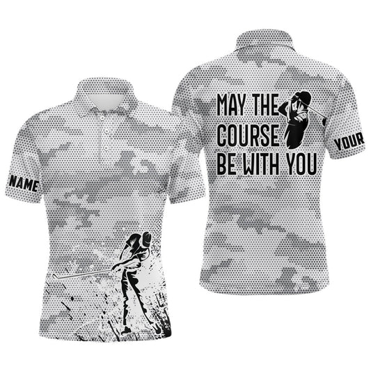 Golf Polo Shirts, Black White Camo Mens Golf Polo Shirt Custom May The Course Be With You, Best Mens Golf Wears, Custom Golf Shirts