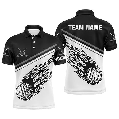 Golf Polo Shirts, Black White Flame Personalized Golf Mens Polo Shirt Custom Golf Shirts For Men Cool Golf Gifts, Custom Golf Shirts
