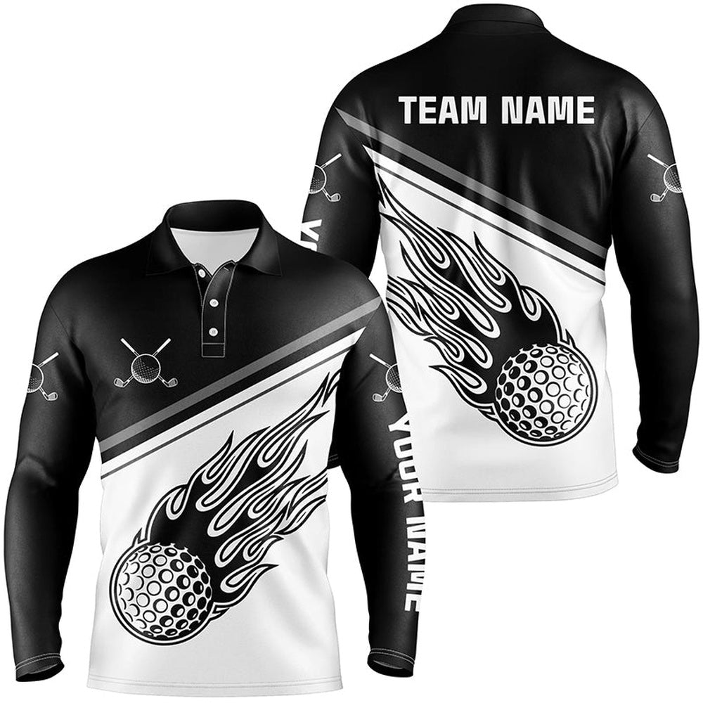 Golf Polo Shirts, Black White Flame Personalized Golf Mens Polo Shirt Custom Golf Shirts For Men Cool Golf Gifts, Custom Golf Shirts