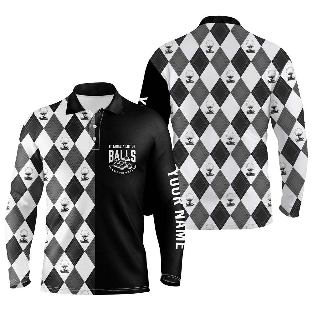 Golf Polo Shirts, Black White Golf Pattern Mens Golf Polos Shirts Custom It Takes A Lot Of Balls To Golf The Way I Do, Custom Golf Shirts