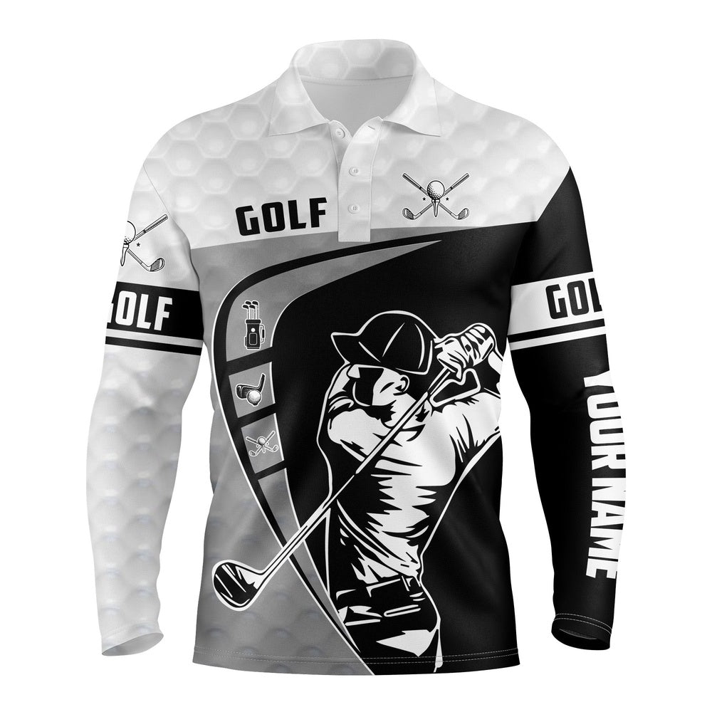 Golf Polo Shirts, Black & White Long Sleeve Golf Shirts Men, Best Golf Gifts For Men, Custom Golf Shirts